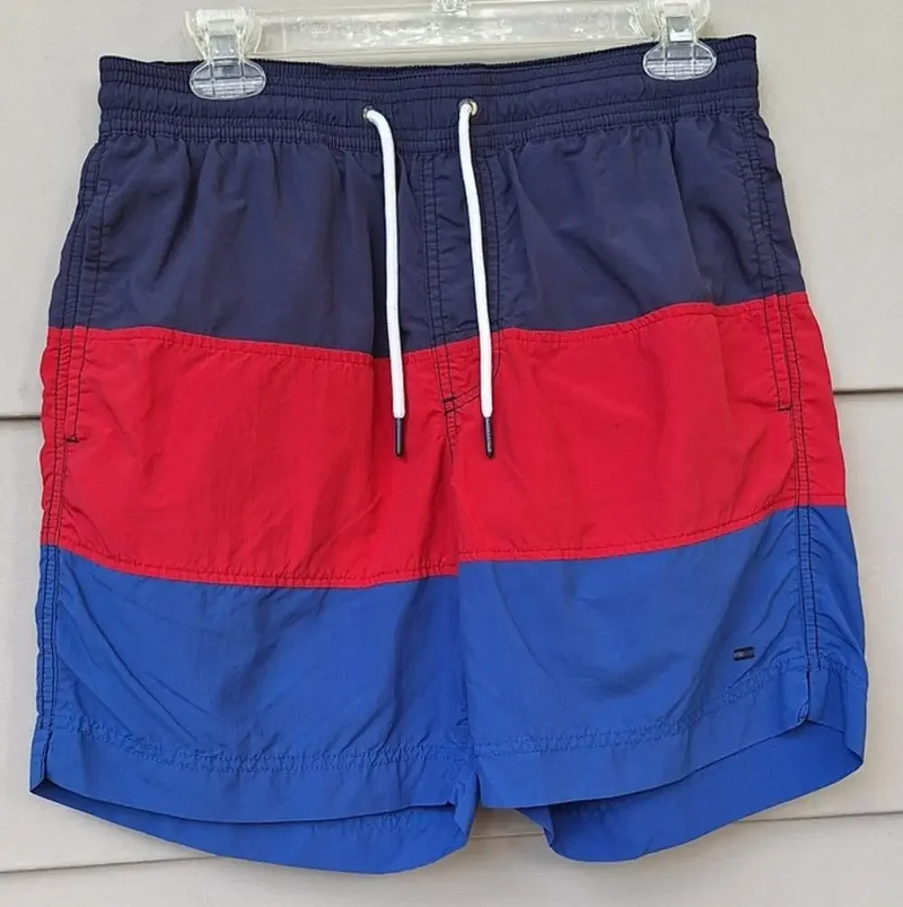 Tommy Hilfiger Men's Color Block Swim Trunks Blue Red Size S Mesh Lined Pockets